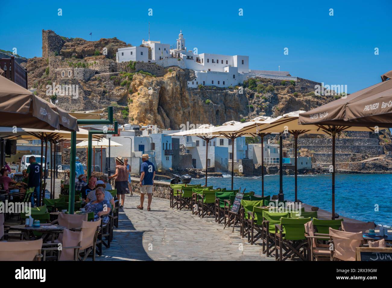 View of Virgin Mary Spiliani Monastery above the town of Mandraki, Mandraki, Nisyros, Dodecanese, Greek Islands, Greece, Europe Stock Photo