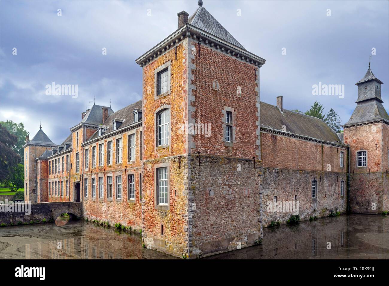 Château de Haltinne, 17th century moated castle near Gesves, province of Namur, Belgian Ardennes, Wallonia, Belgium Stock Photo