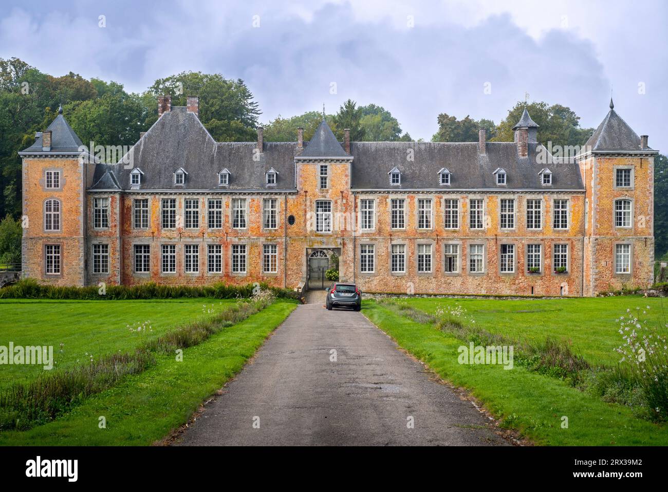 Château de Haltinne, 17th century moated castle near Gesves, province of Namur, Belgian Ardennes, Wallonia, Belgium Stock Photo