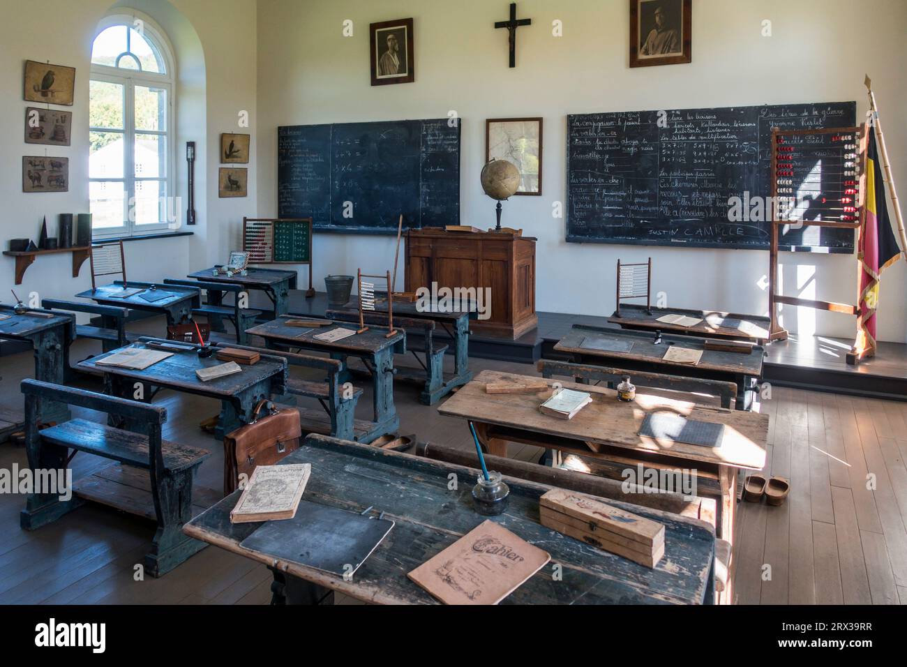 19th century classroom of country school at Domaine du Fourneau Saint-Michel, open-air museum of Walloon rural life at Saint-Hubert, Ardennes, Belgium Stock Photo