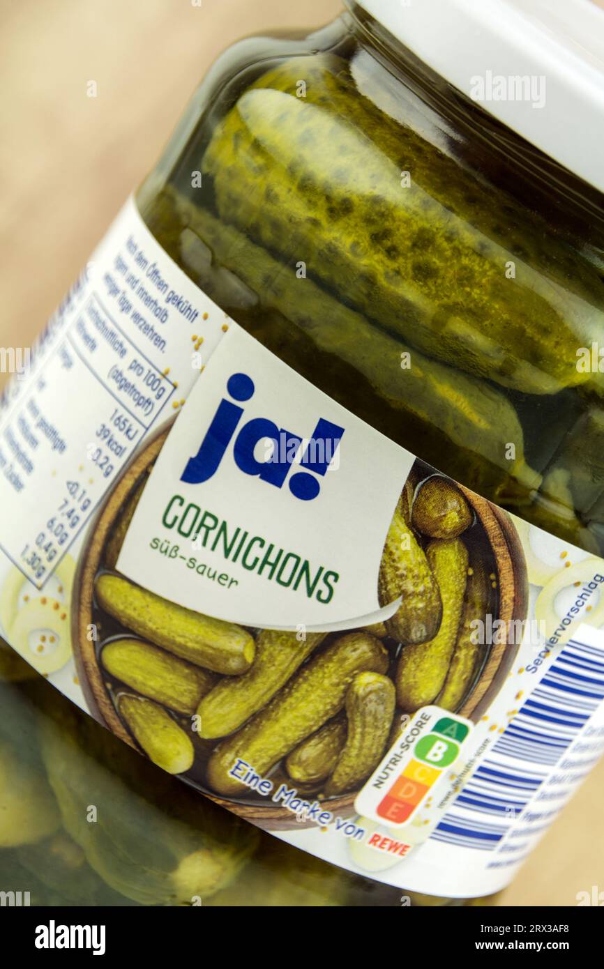 Cornichons im Glas von REWE der Marke ja! Stock Photo Alamy