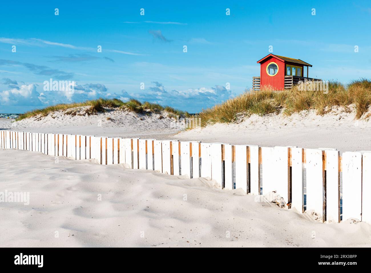 Lifeguard observation tower at the beach bar in the sand dunes on Skanör med Falsterbo beach in the morning sun, Skåne, Sweden Stock Photo