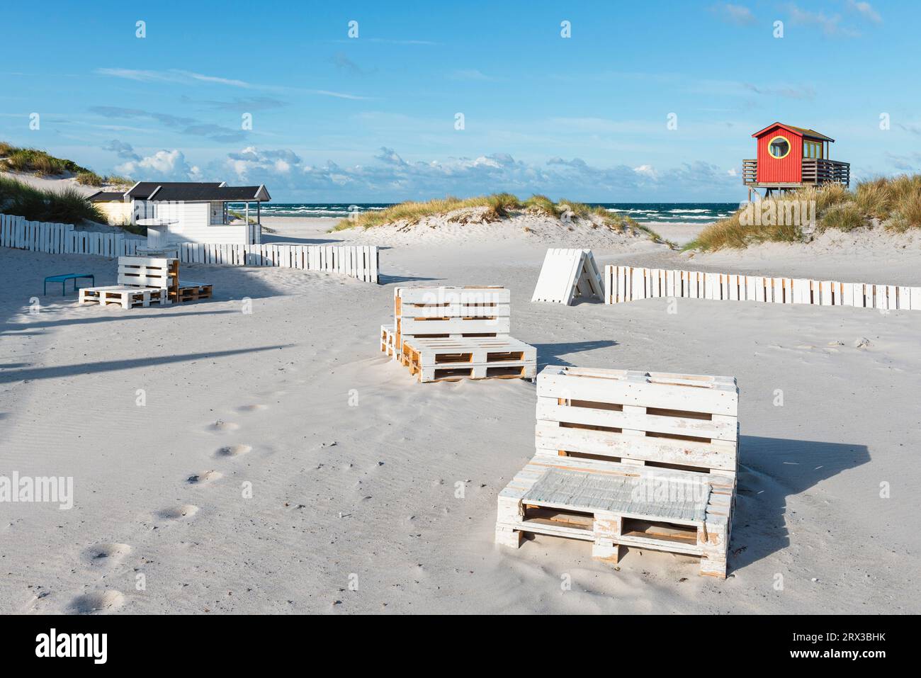 Lifeguard observation tower at the beach bar in the sand dunes on Skanör med Falsterbo beach in the morning sun, Skåne, Sweden Stock Photo