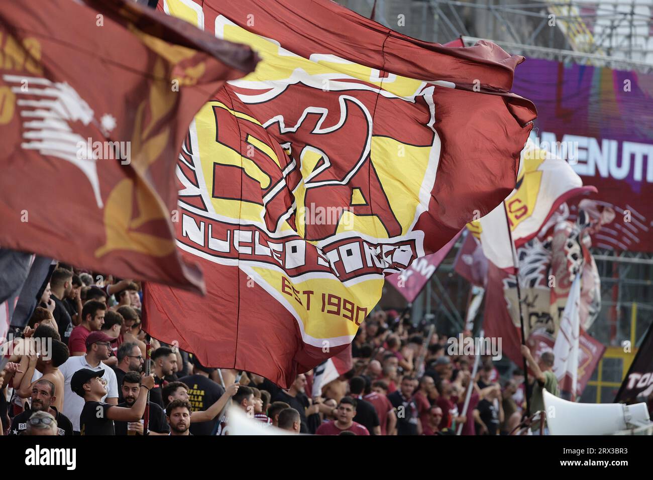 Salerno, Italy. 25th Aug, 2023. Salernitana supporters cheer on during the Serie A football match between US Salernitana and Frosinone Calcio at Arechi stadium in Salerno (Italy), September 22nd, 2023. Credit: Insidefoto di andrea staccioli/Alamy Live News Stock Photo