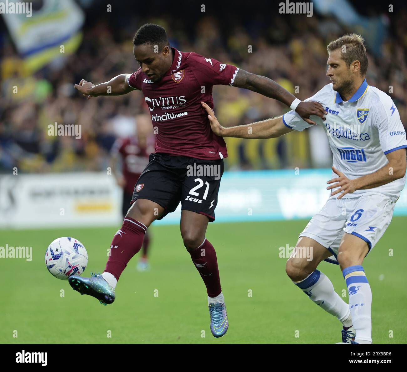 Salerno, Italy. 25th Aug, 2023. Jovane Cabral of US Salernitana and Simone Romagnoli of Frosinone compete for the ball during the Serie A football match between US Salernitana and Frosinone Calcio at Arechi stadium in Salerno (Italy), September 22nd, 2023. Credit: Insidefoto di andrea staccioli/Alamy Live News Stock Photo