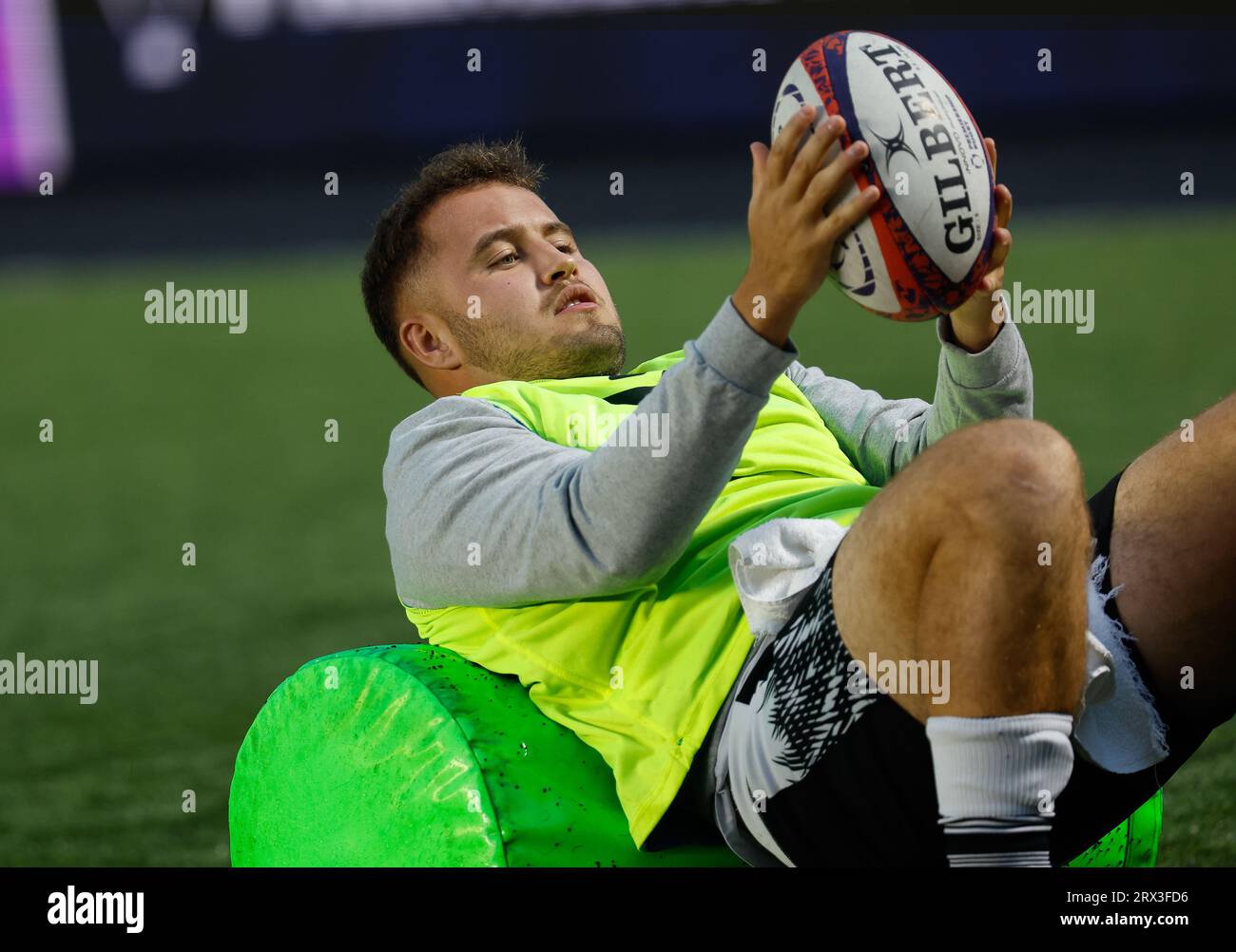 Newcastle, UK. 11th June, 2023. Ollie Fletcher of Newcastle Falcons is pictured during the warm-up before the Premiership Cup match between Newcastle Falcons and Sale Sharks at Kingston Park, Newcastle on Friday 22nd September 2023. (Photo: Chris Lishman | MI News) Credit: MI News & Sport /Alamy Live News Stock Photo