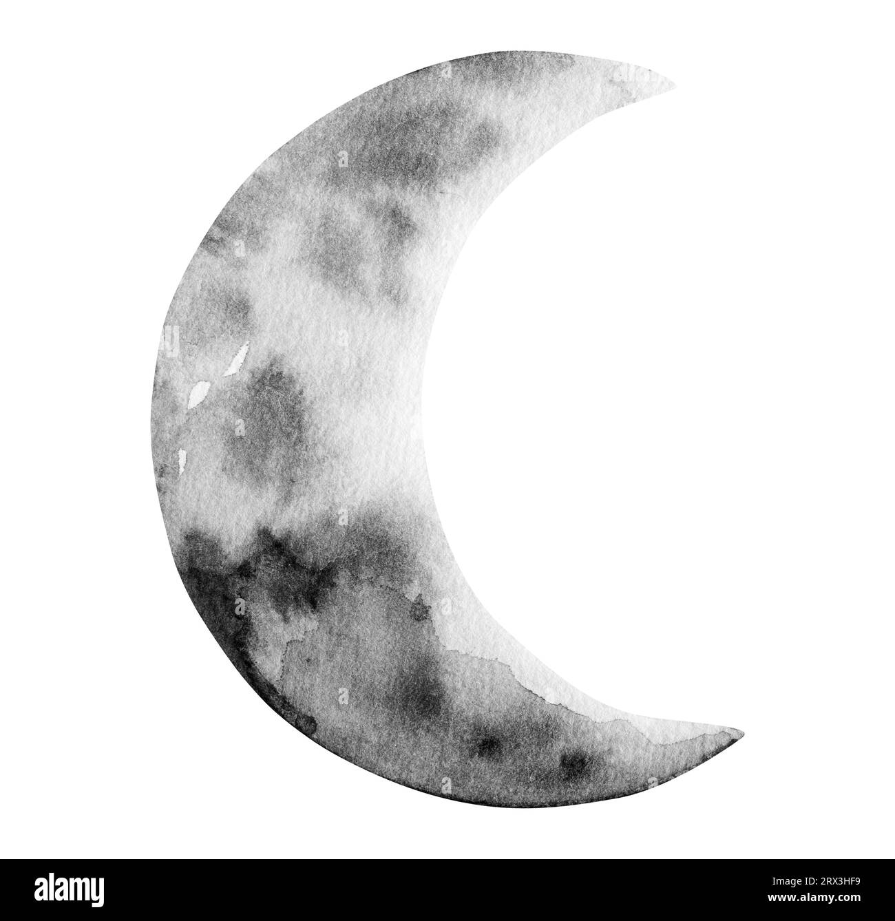 Black and white new moon crescent watercolor painting, astrology symbol in galaxy. Astronomy planet nearest to Earth in cosmic space Stock Photo