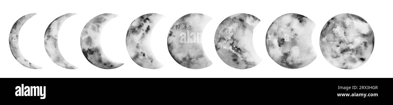 Black and white moon phases watercolor painting, astrology symbol in galaxy. Astronomy planet nearest to Earth in cosmic space Stock Photo