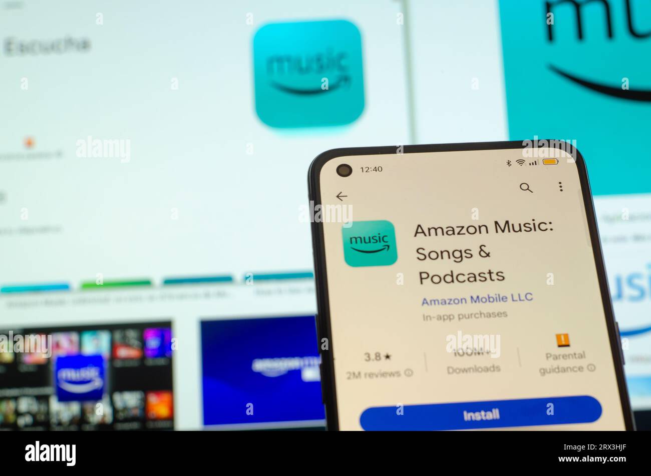 Vigo, Spain. 09 22 2023 Smartphone with the Amazon Music app installer