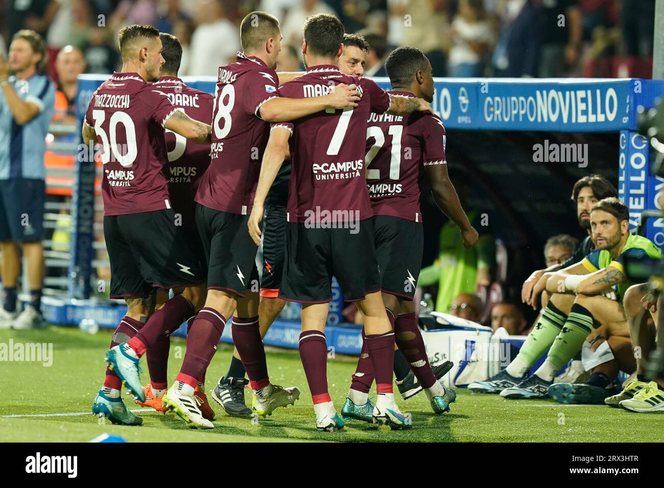 Salerno, Italy. 22 September, 2023.  Picture left to right, Cabral Jovane jubilates after scoring the goal in action during the Italian Serie A soccer match US Salernitana vs Frosinone Calcio. Credit: Mario Taddeo/Alamy Live News Stock Photo