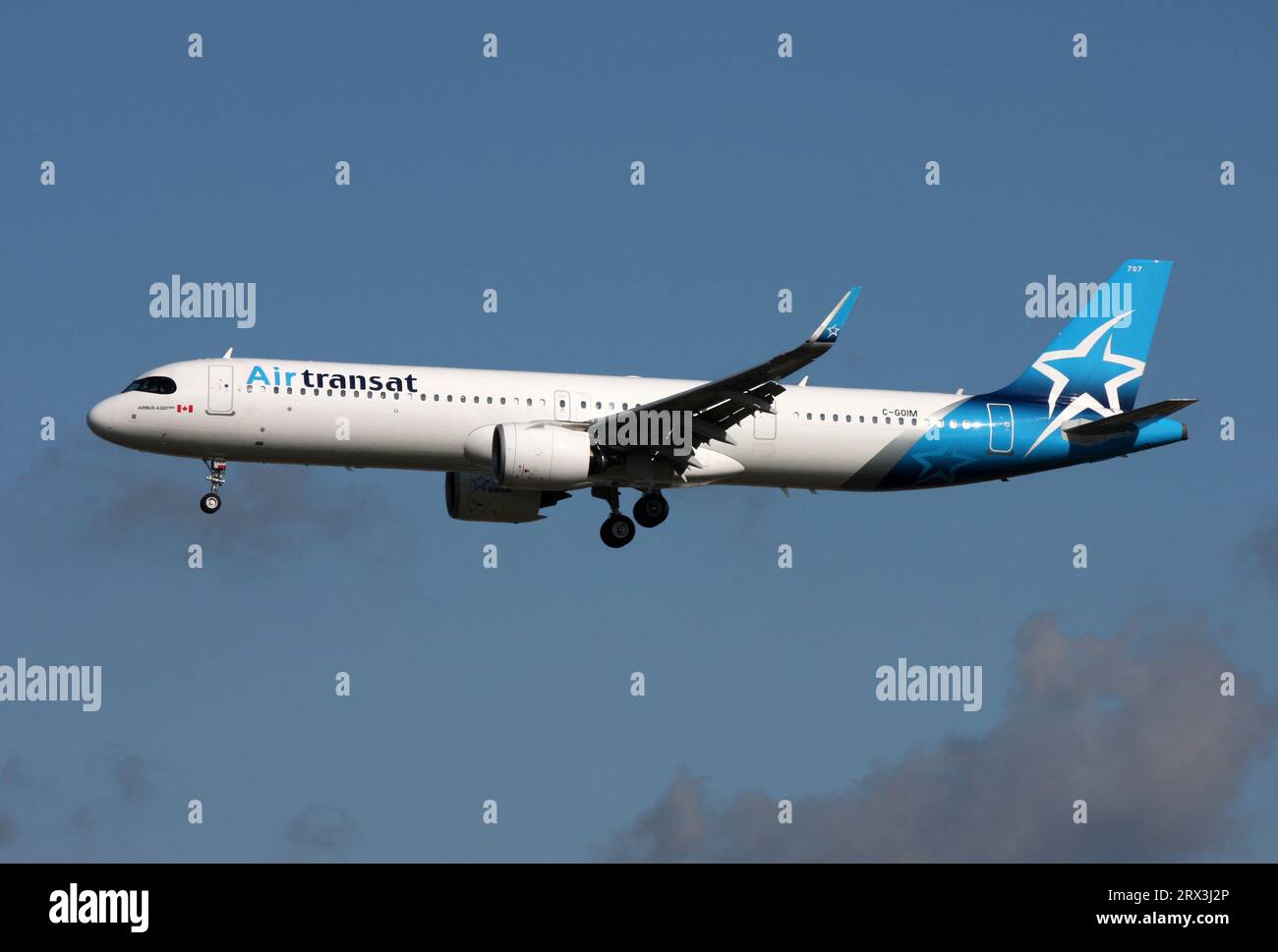 An Airbus A321 Neo of Air Transat approaches London Gatwick Airport
