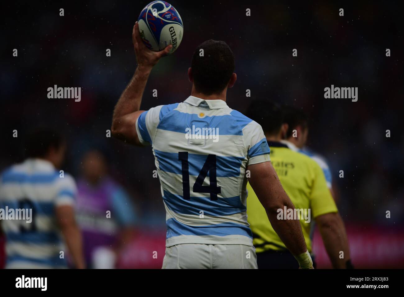 Saint-Etienne, France. 22nd Sep, 2023. Rugby World Cup France 2023, Emiliano Boffelli celebrates his Try against Samoa, Match 19, Argentina vs. Samoa in France, Saint-Etienne at Stade Geoffroy-Guichard. (Credit Image: © Maximiliano Aceiton/ZUMA Press Wire) EDITORIAL USAGE ONLY! Not for Commercial USAGE! Stock Photo