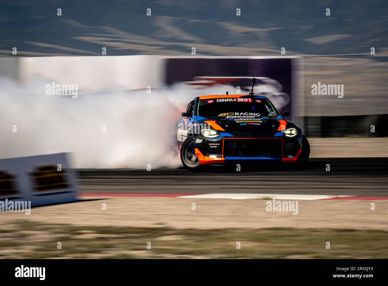 Chris Forsberg races his Nissan Z around a corner during round seven of the  Formula Drift championship at Utah Motorsports Campus, Saturday September  16, 2023, in Granstville, UT. (Tyler Tate via AP