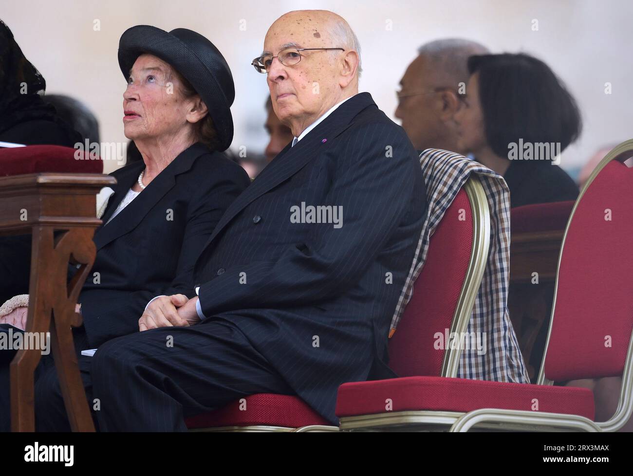 Italian President Giorgio Napolitano and his wife Clio Maria Bittoni in the picture: the canonisation mass of Popes John XXIII and John Paul II on St Peter's at the Vatican on April 27, 2014. Stock Photo