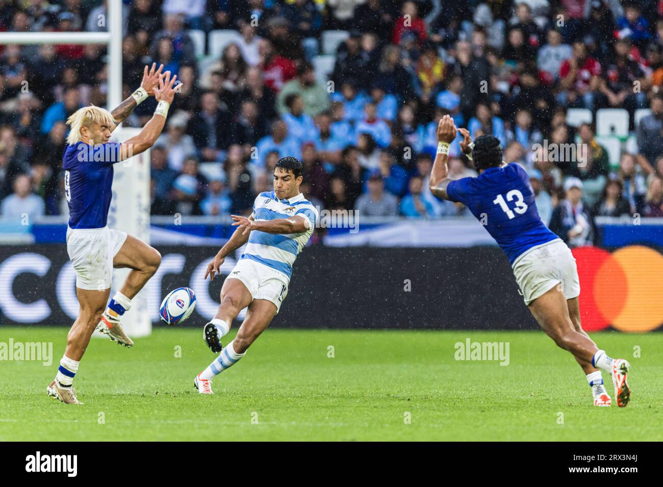 Saint-Étienne, France. 22nd September, 2023. Santiago Carreras of Argentina kicks the ball during the Rugby World Cup Pool D match between Argentina and Samoa at Stade Geoffroy-Guichard. Credit: Mateo Occhi (Sporteo) / Alamy Live News Stock Photo