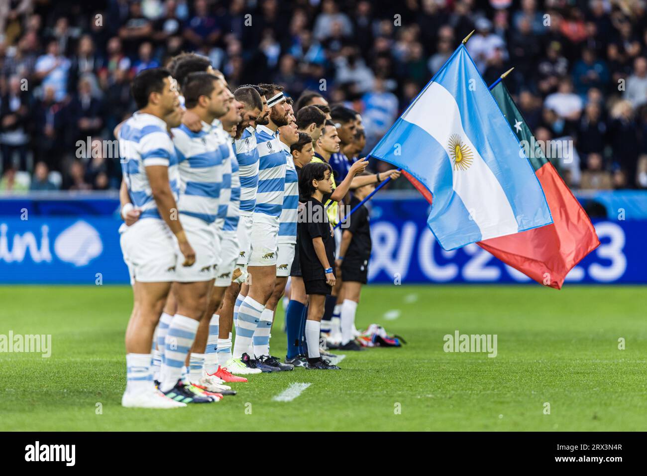 Saint-Étienne, France. 22nd September, 2023. Anthems before the Rugby World Cup Pool D match between Argentina and Samoa at Stade Geoffroy-Guichard. Credit: Mateo Occhi (Sporteo) / Alamy Live News Stock Photo