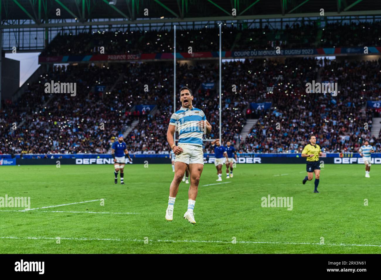 Saint-Étienne, France. 22nd September, 2023. Matías Moroni of Argentina celebrates during the Rugby World Cup Pool D match between Argentina and Samoa at Stade Geoffroy-Guichard. Credit: Mateo Occhi (Sporteo) / Alamy Live News Stock Photo