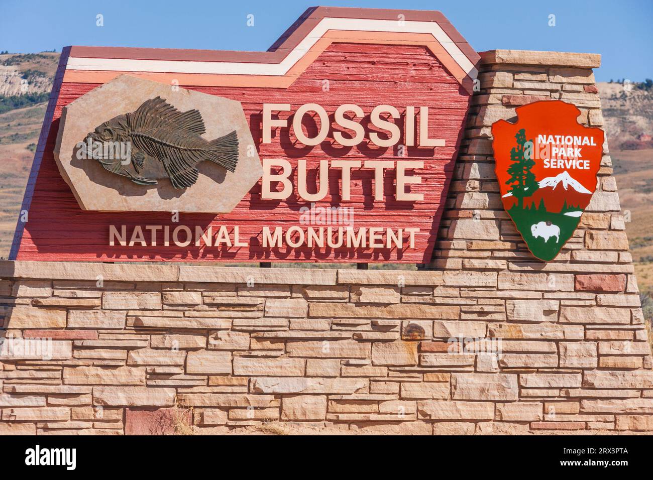 Sign at Fossil Butte National Monument in southwestern Wyoming. Fossil Butte National Monument, is managed by the National Park Service. Stock Photo