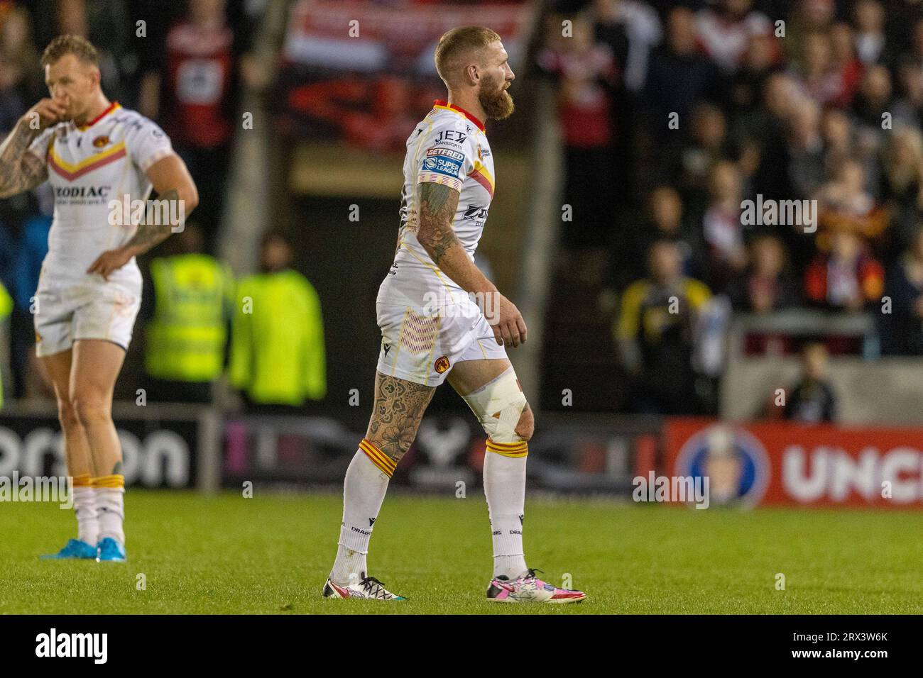 Catalans Dragons' Sam Tomkins walks off after being shown a yellow card during the Betfred Super League match at the AJ Bell Stadium, Salford. Picture date: Friday September 22, 2023. Stock Photo