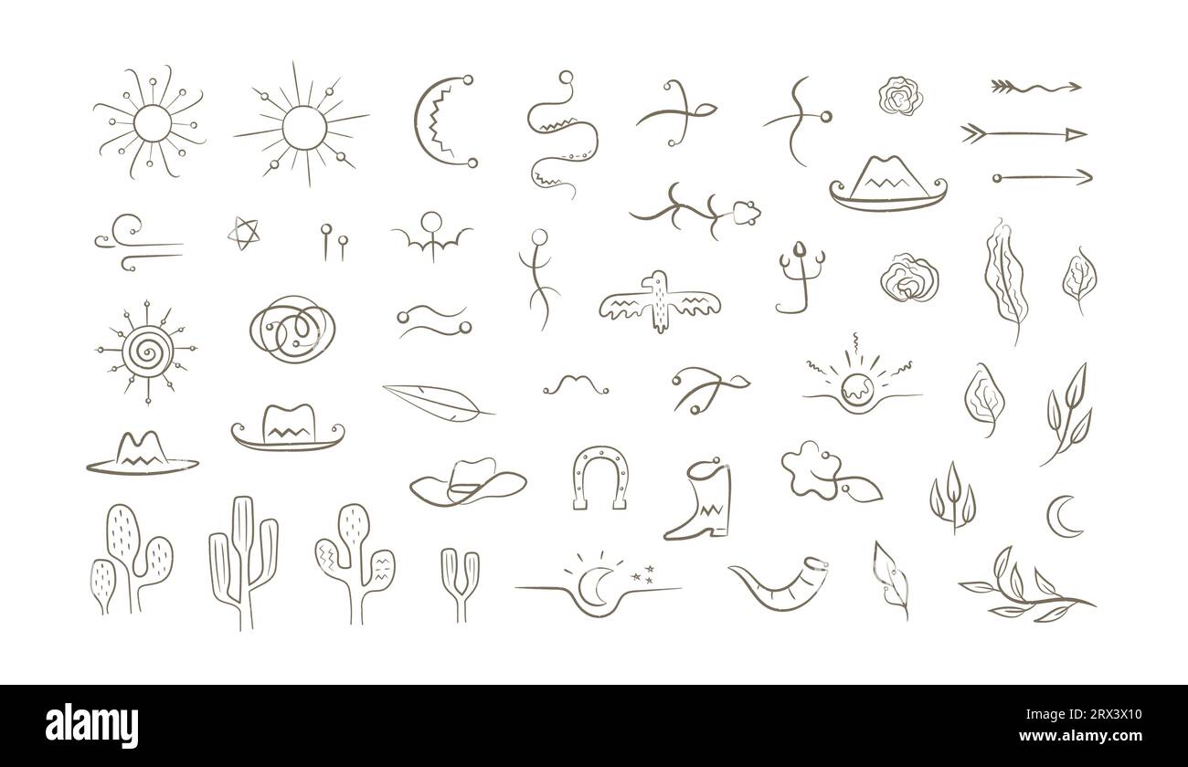 Vector set with wild west hand drawn elements. Western cactus, cowbot hat, boot, desert animals, plants, arrows. Stock Vector