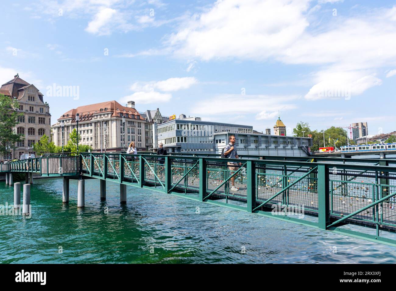 Mühlesteg Pedestrian Bridge over River Limmat, Limmatquai, Altstadt Old Town, City of Zürich, Zürich, Switzerland Stock Photo