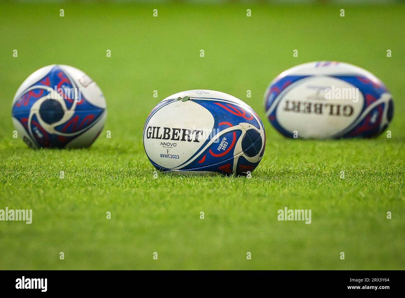 Illustration of the Gilbert match balls during the World Cup 2023, Pool A rugby union match between France and Uruguay on September 14, 2023 at Pierre Mauroy stadium in Villeneuve-d'Ascq near Lille, France - Photo Matthieu Mirville/DPPI Credit: DPPI Media/Alamy Live News Stock Photo