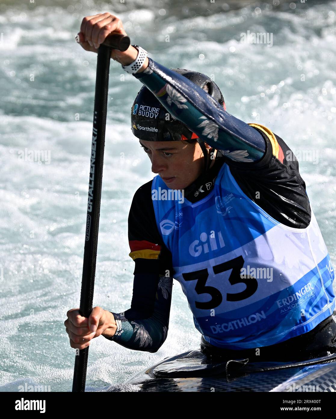 Waltham Cross, United Kingdom. 22nd Sep, 2023. 2023 Canoeing World Championships. Lee Valley White Water Centre. Waltham Cross. Nele Bayn (GER) in the Womens Canoe semi-final during the 2023 Canoeing World Championships at Lee Valley White Water Centre, United Kingdom. Credit: Sport In Pictures/Alamy Live News Stock Photo