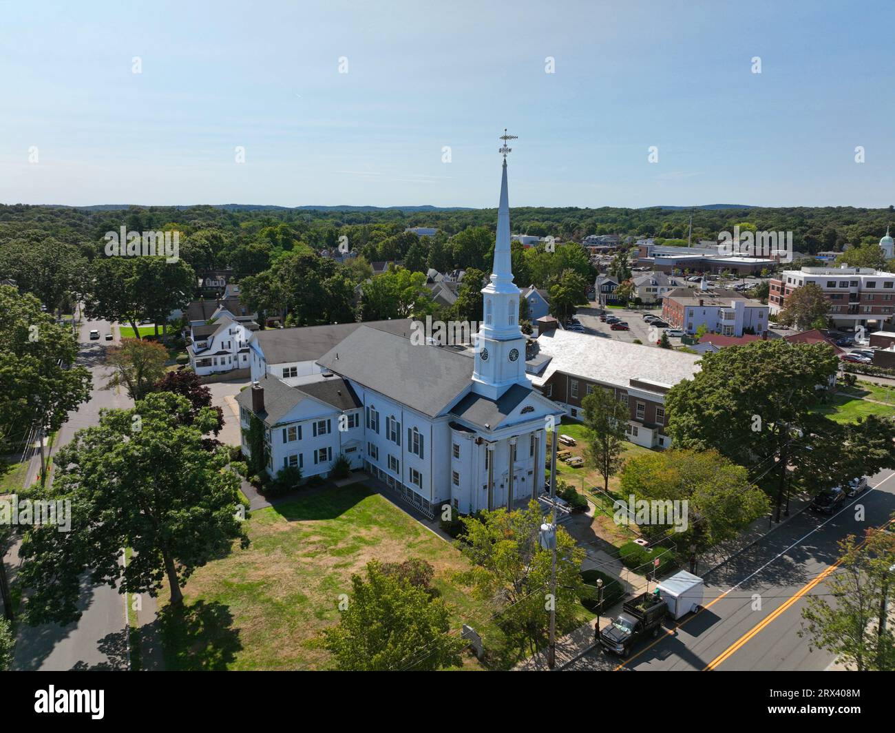 First Baptist Church aerial view at 858 Great Plain Avenue in historic ...