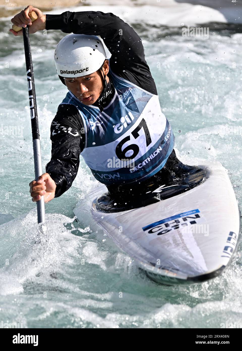 Waltham Cross. United Kingdom. 22 September 2023. 2023 Canoeing World Championships. Lee Valley White Water Centre. Waltham Cross. Peng Zhang (CHN) in the Mens Canoe semi-final during the 2023 Canoeing World Championships at Lee Valley White Water Centre, United Kingdom. Stock Photo