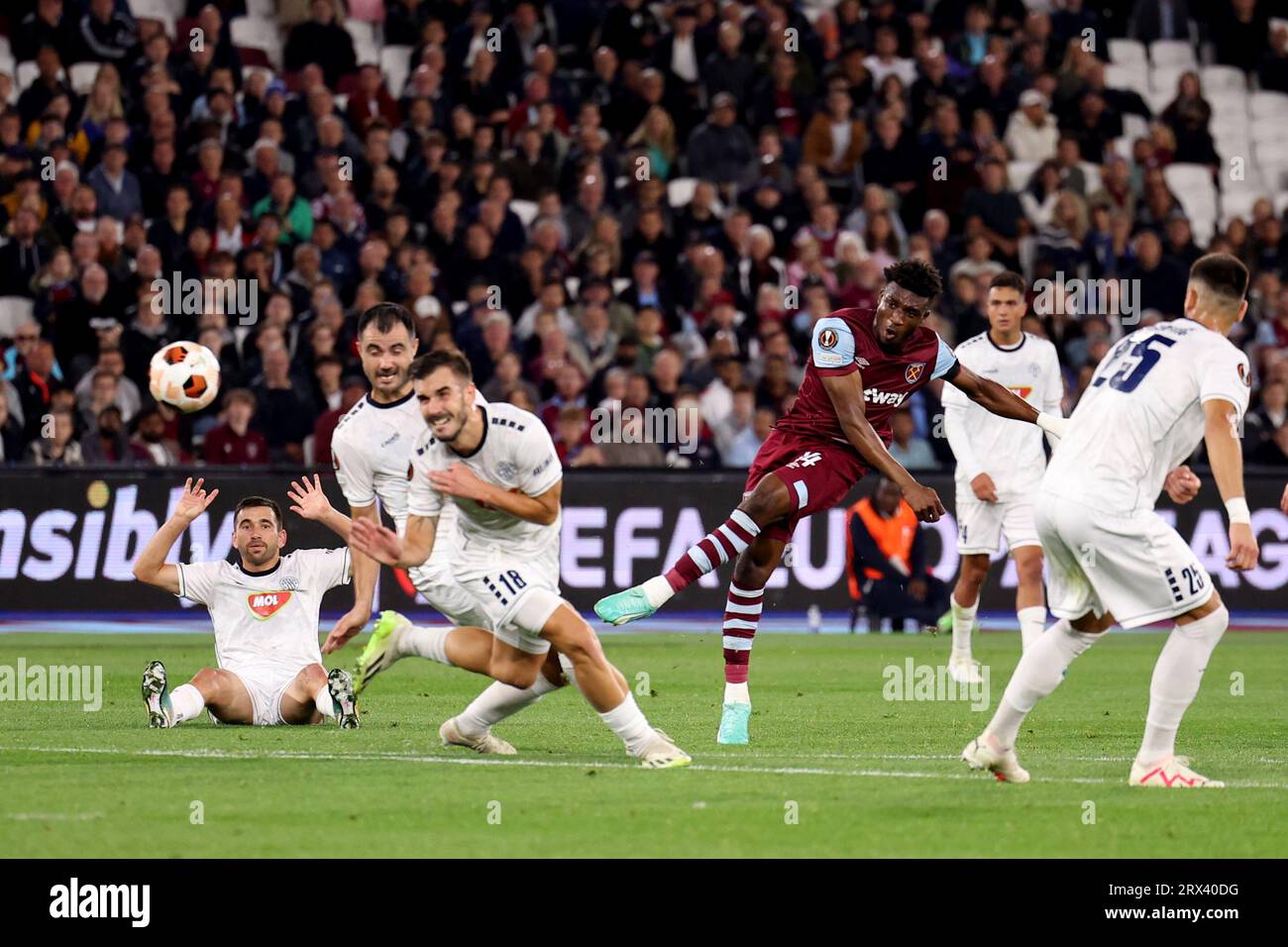 Mohammed Kudus Of West Ham United Shoots On Goal West Ham United V Backa Topola Uefa Europa 