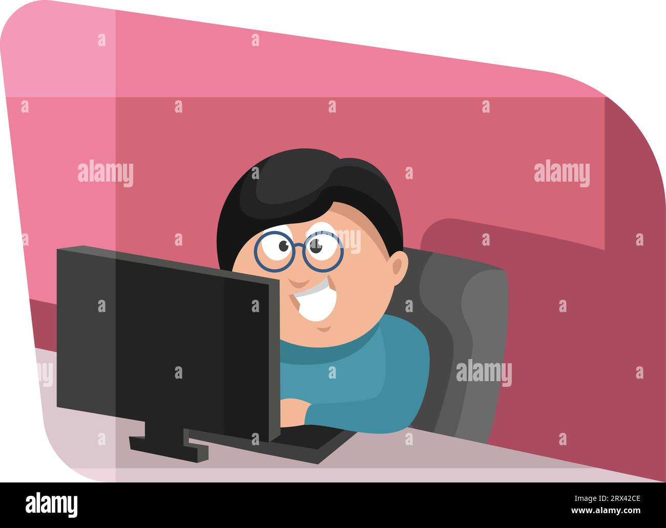 Man with glasses working on computer, illustration, vector on a white background. Stock Vector