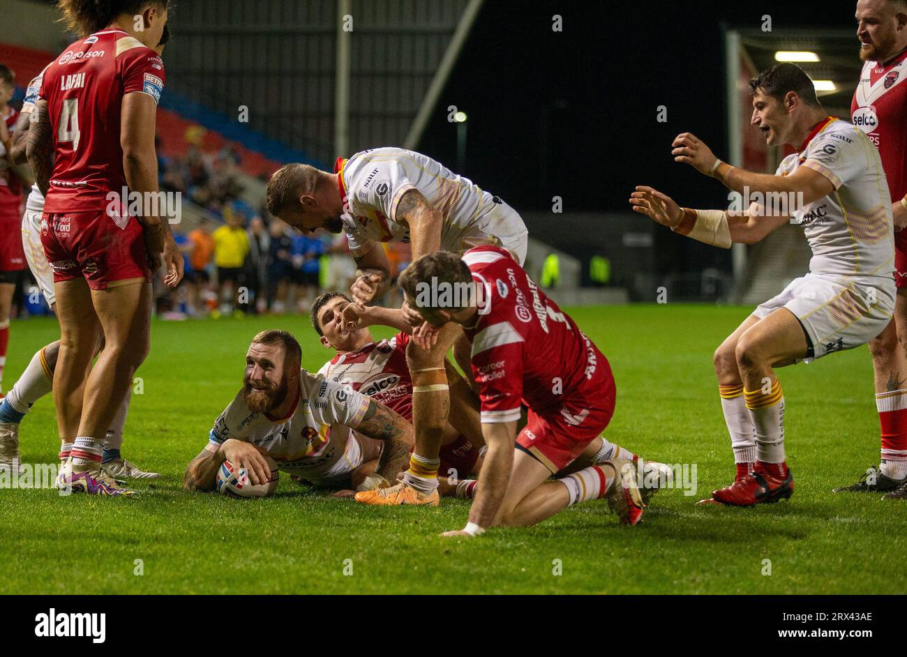 Catalans Dragons' Sam Tomkins celebrates scoring a try during the Betfred Super League match at the AJ Bell Stadium, Salford. Picture date: Friday September 22, 2023. Stock Photo