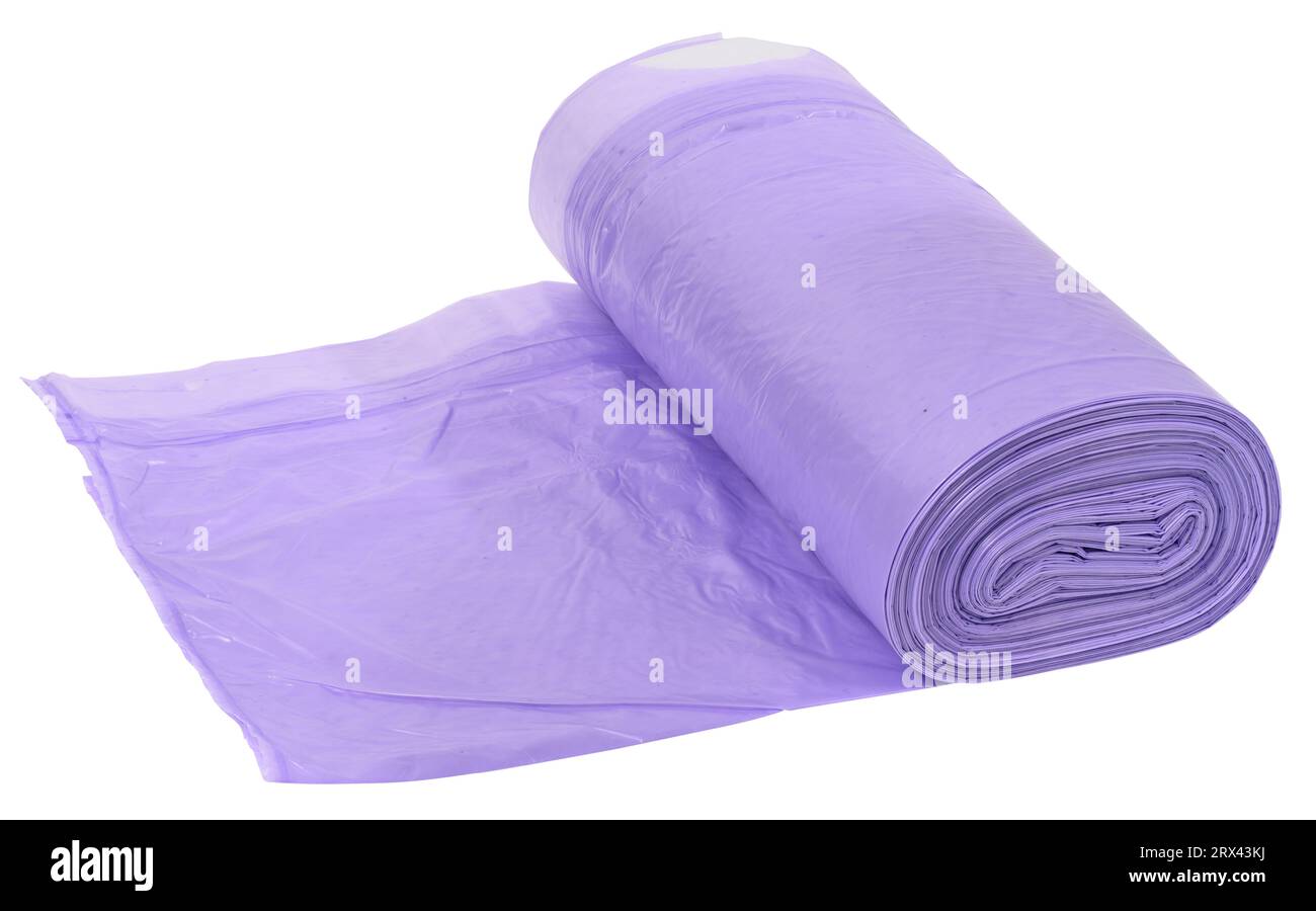 skein of purple plastic trash bags with strings isolated on white  background, close up Stock Photo - Alamy