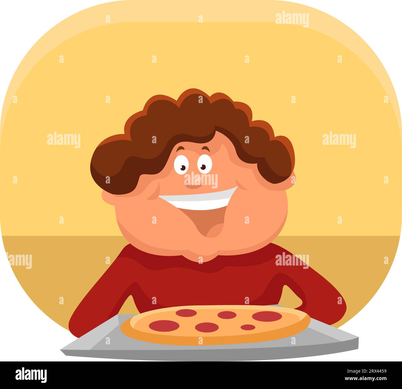 Boy eating pizza, illustration, vector on a white background. Stock Vector