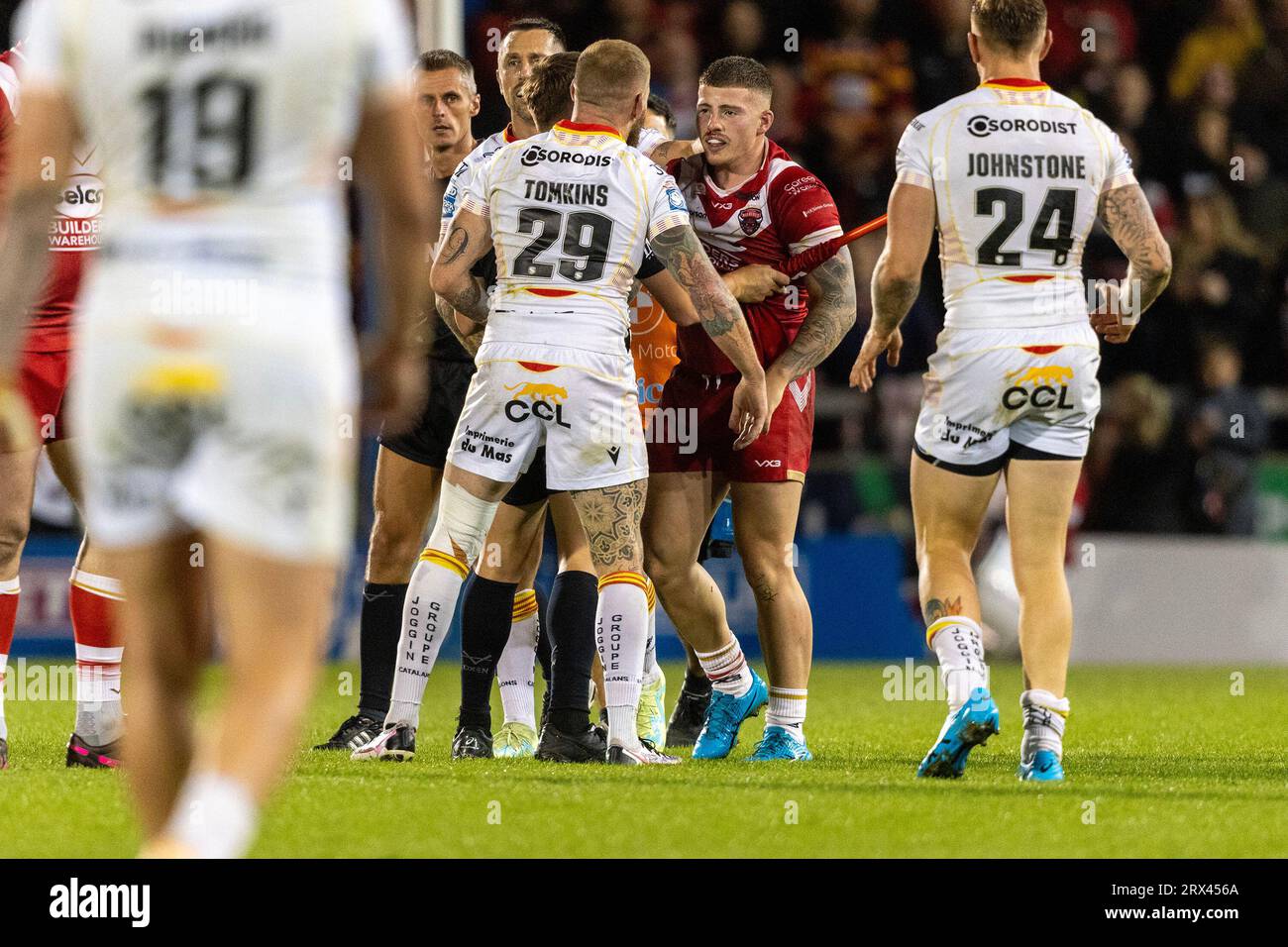 Catalans Dragons' Sam Tomkins is shown a yellow card during the Betfred Super League match at the AJ Bell Stadium, Salford. Picture date: Friday September 22, 2023. Stock Photo