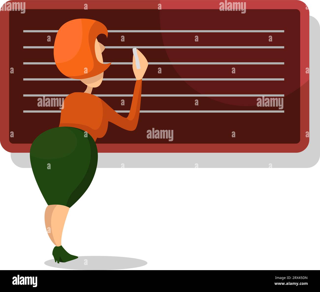 Teacher writing on a greenboard, illustration, vector on a white background. Stock Vector