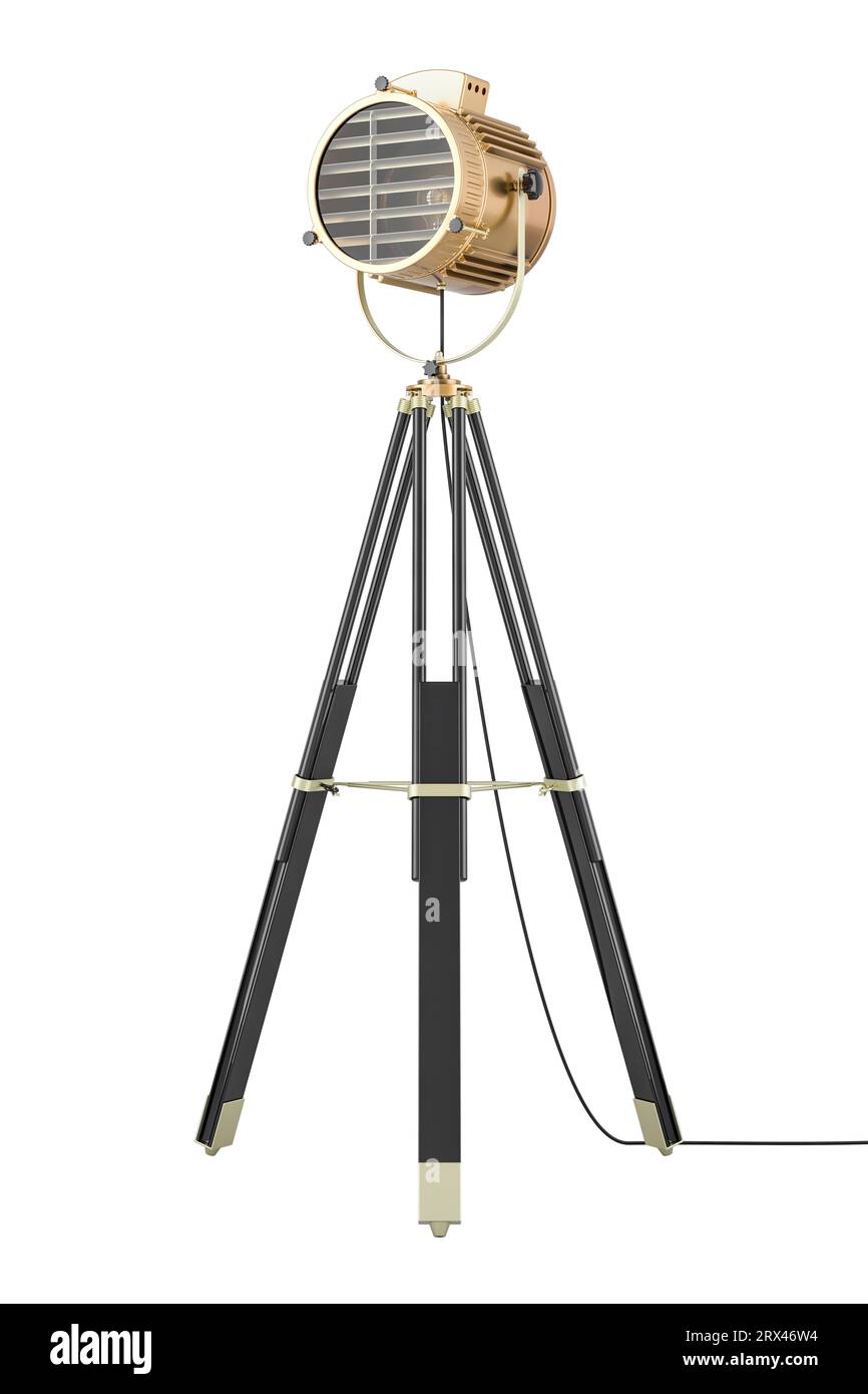 Retro spotlight on tripod, 3D rendering isolated on white background