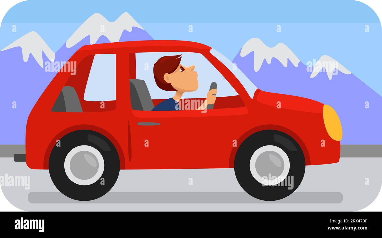 Red car on the snow road, illustration, vector on a white background. Stock Vector