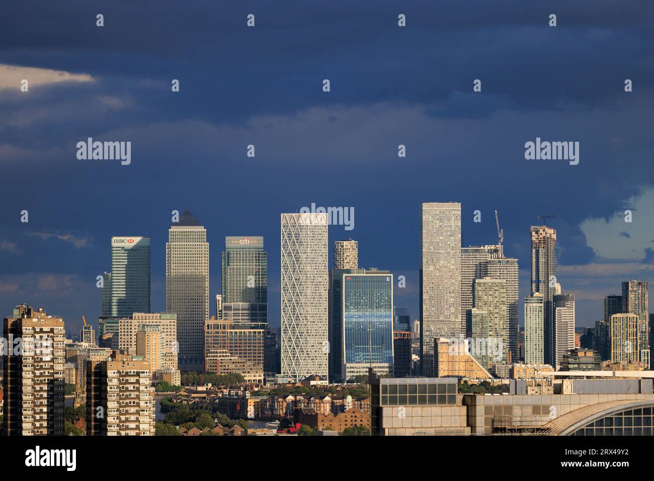 Canary Wharf and docklands development as seen from the City of London. Stock Photo