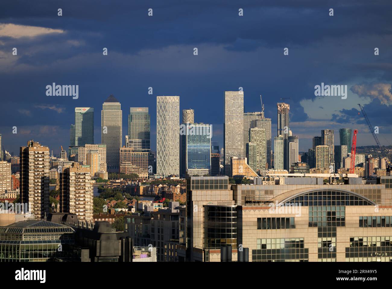 Canary Wharf and docklands development as seen from the City of London. Stock Photo