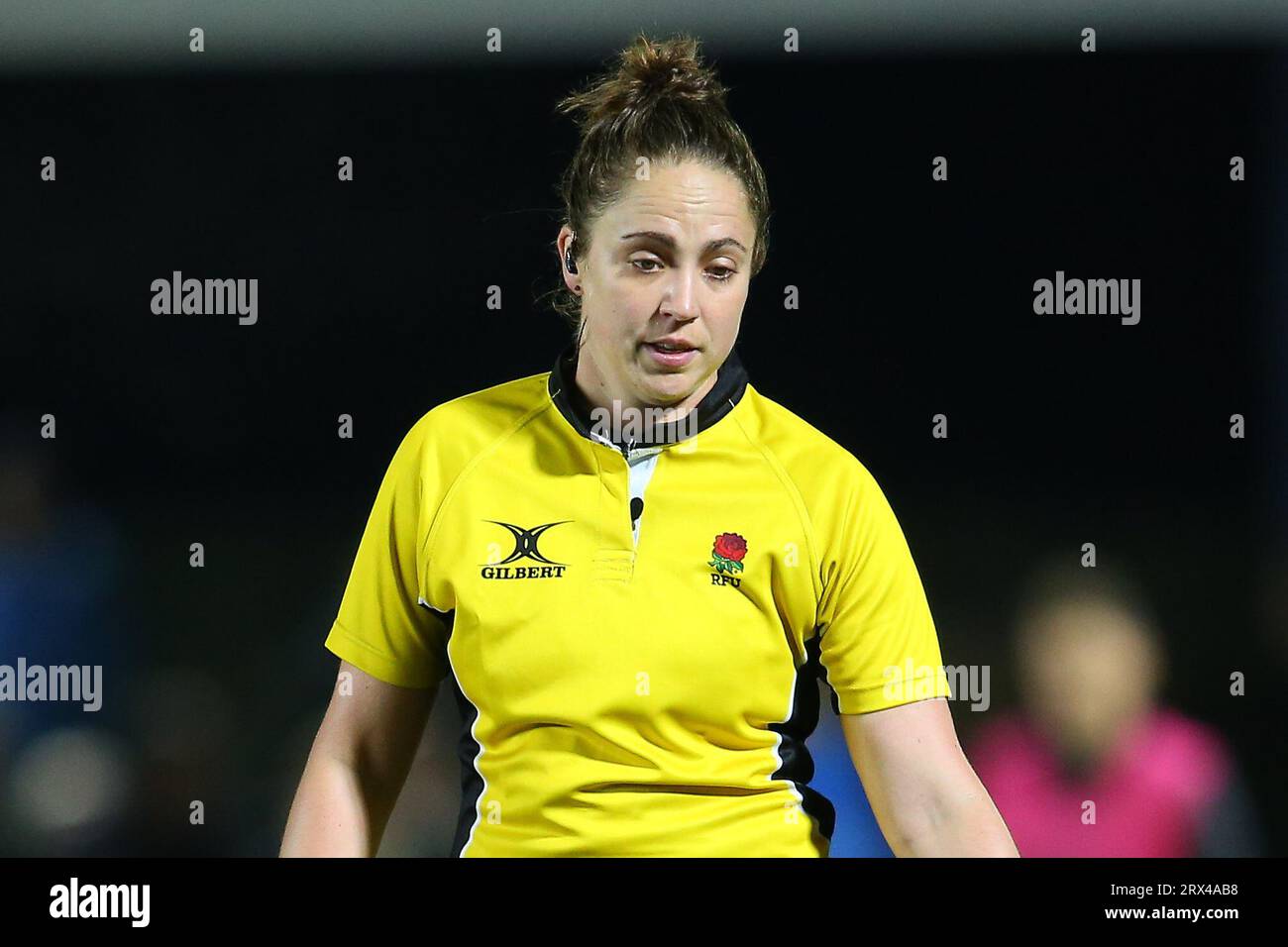 Referee Sara Cox during the Premiership Cup match between Newcastle Falcons and Sale Sharks at Kingston Park, Newcastle on Friday 22nd September 2023. (Photo: Michael Driver | MI News) Credit: MI News & Sport /Alamy Live News Stock Photo