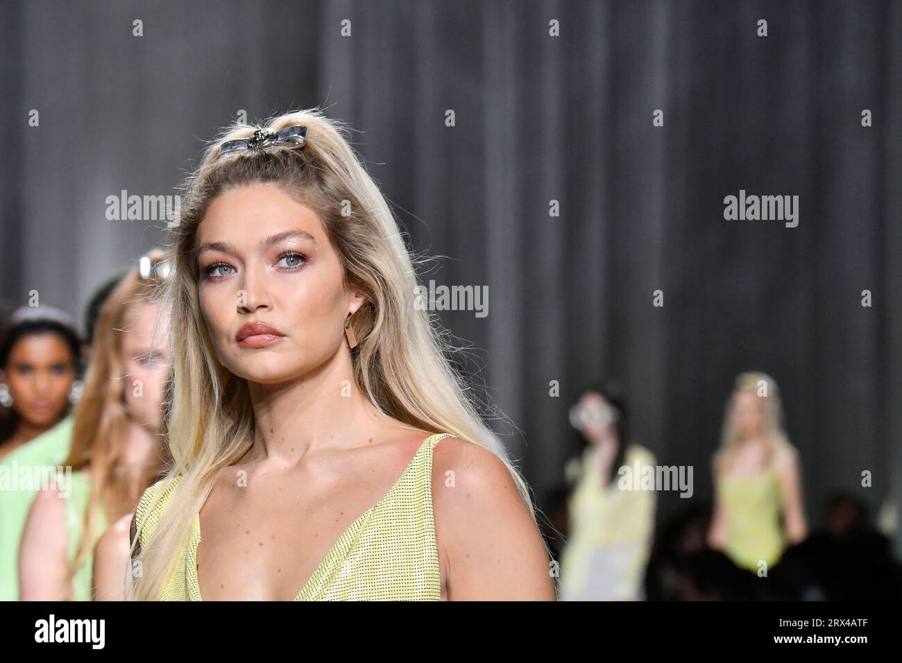 Gigi Hadid walks on the runway during the Versace Fashion show during Milan  Fashion Week Spring