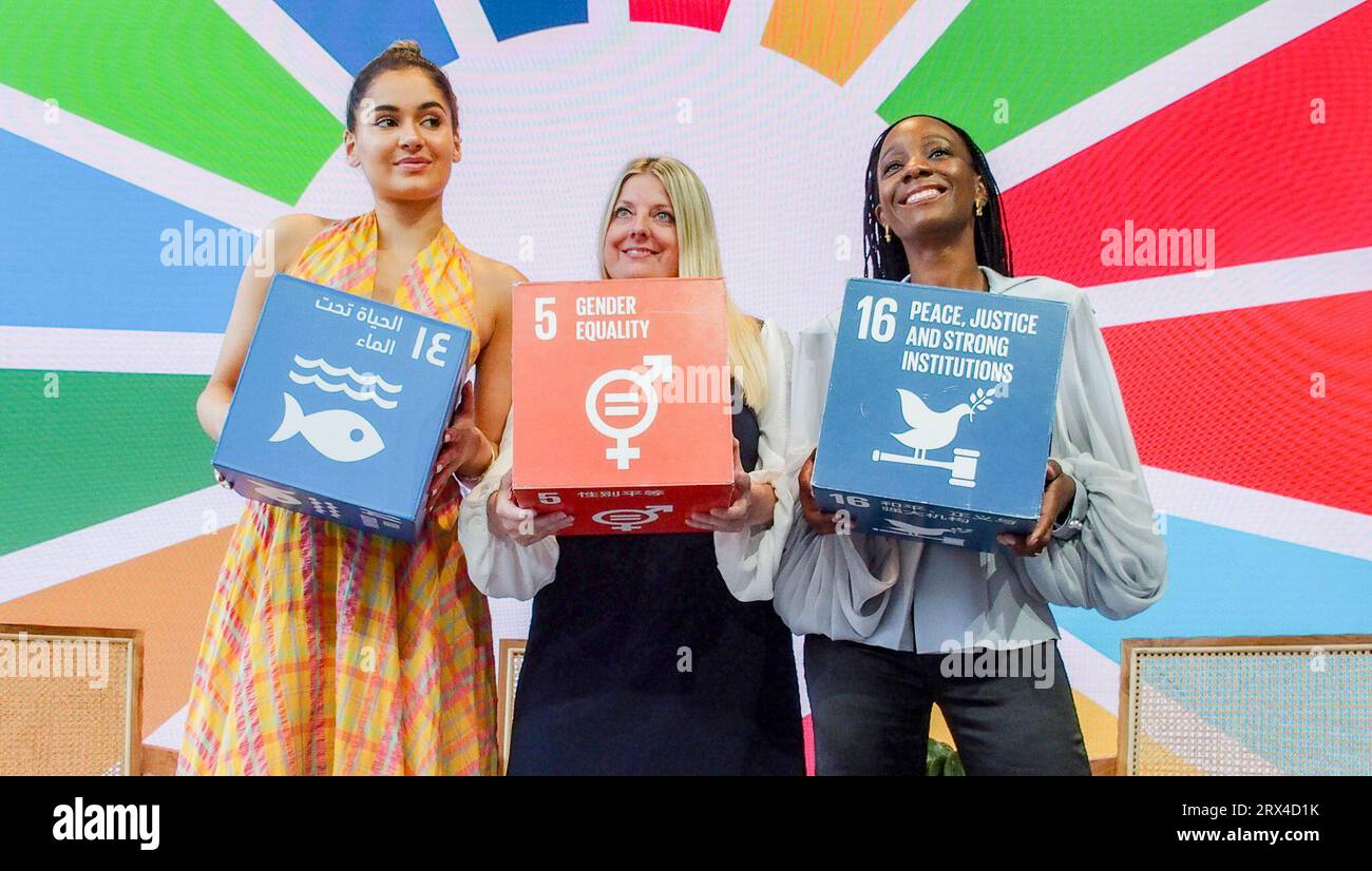 New York, New York, USA. 22nd Sep, 2023. SOPHIA KIANNI, Founder, Climate Cardinals; SAMATA PATTISON, CEO Black Pearl and Moderator KERRY BANNIGAN of Fashion Impact Fund speak during a panel discussion Harnessing Culture and Community for Sustainable Development during the 78th UNGA gathering in NYC.As part of the SDG initiative, speakers from different sectors were invited to discuss new ways and approaches to further develop awareness on social and environmental issues in the world today. SDG targets are planned to be implemented by 2030. (Credit Image: © Bianca Otero/ZUMA Press Wire) ED Cred Stock Photo