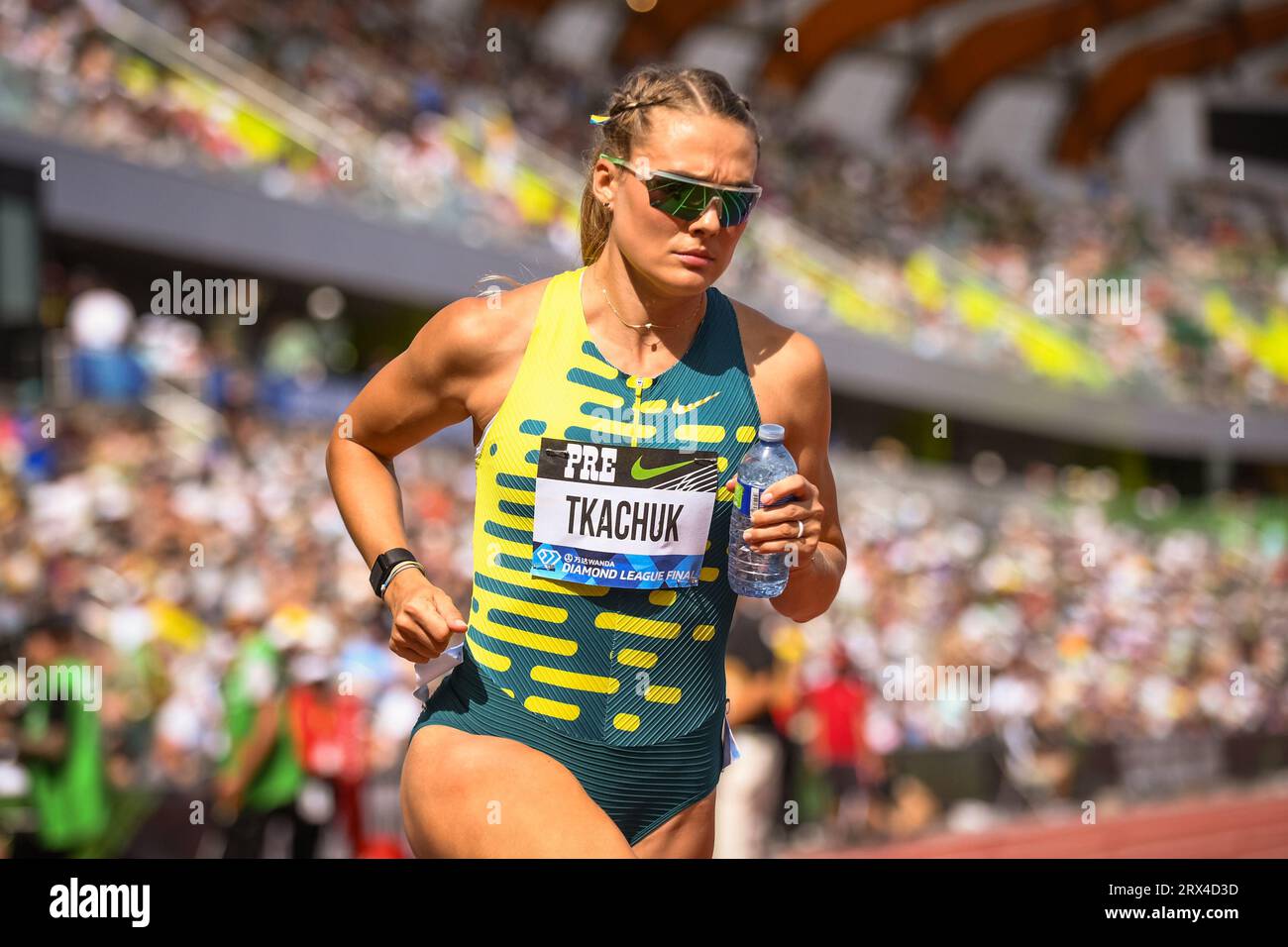 Viktoriya Tkachuk (UKR) enters the track for the women’s 400m hurldes at the Diamond League Championships at The Pre-Classic on Sunday September 17, 2 Stock Photo