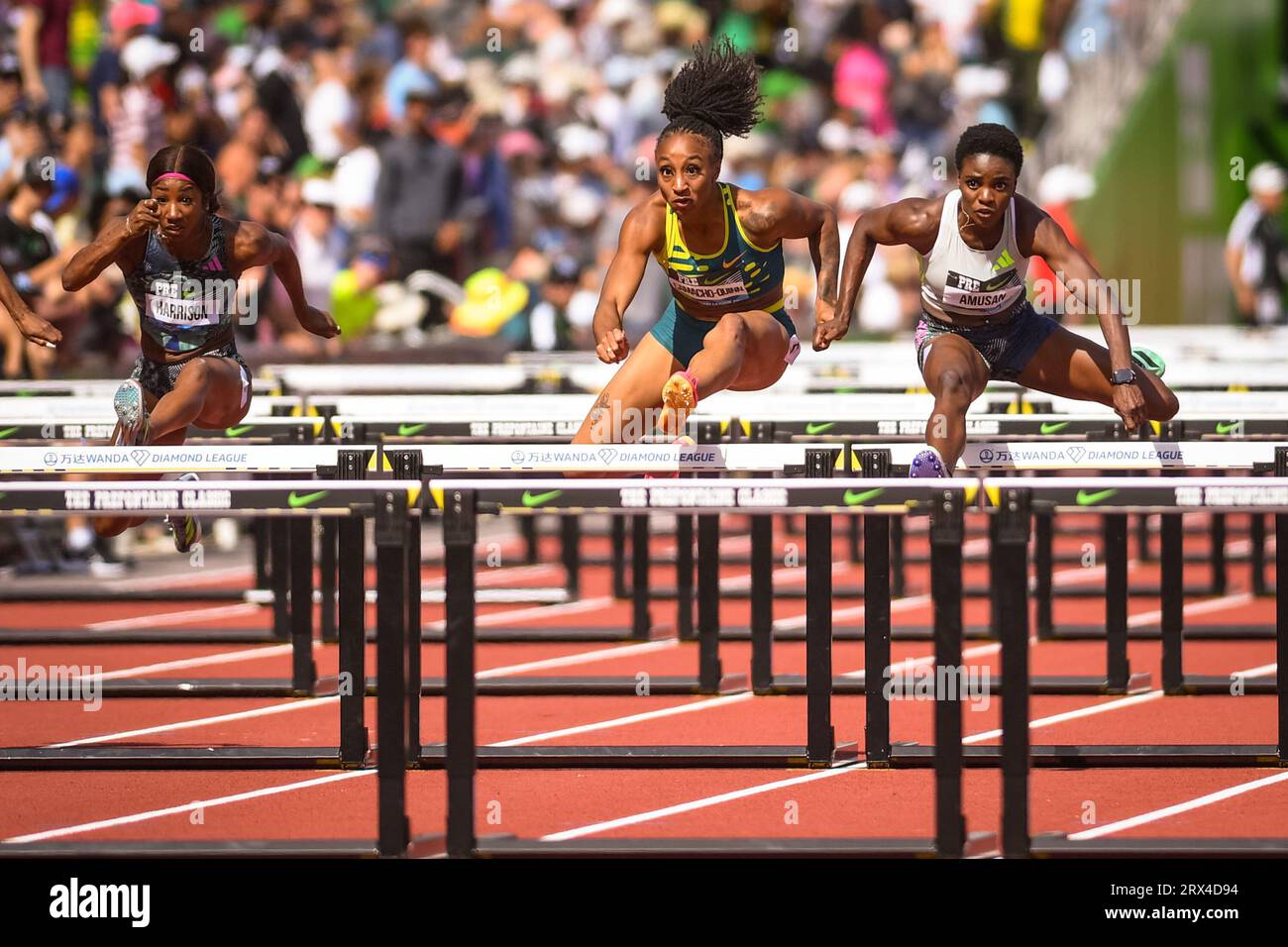 Jasmine Camacho-Quinn (PUR) and Tobi Amusan (NGR) race to the finish in the women’s 100m hurdles at the Diamond League Championships at The Pre-Classi Stock Photo