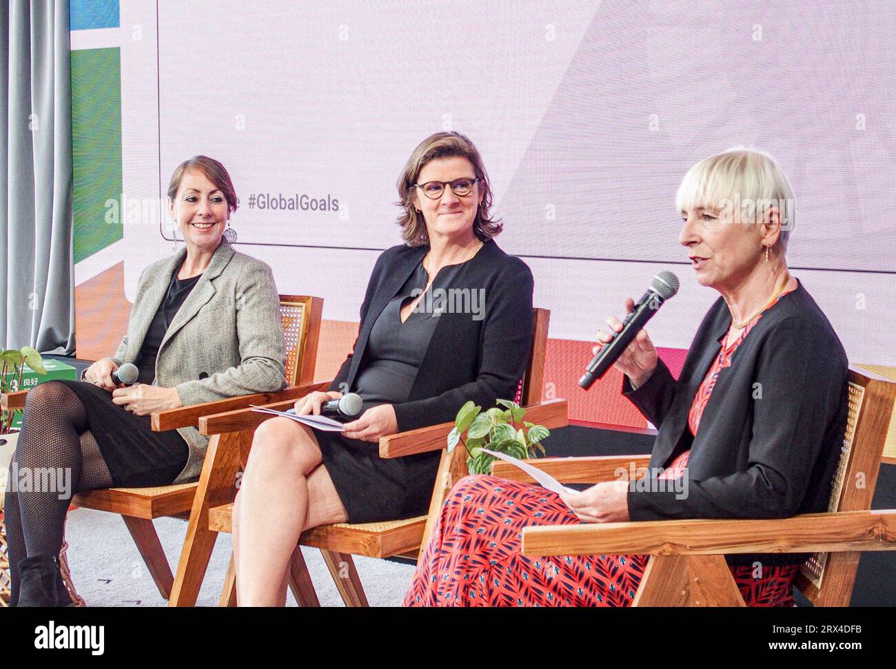 New York, New York, USA. 22nd Sep, 2023. KHADIJA STEWART, Climate Change  Youth Ambassador; EMILIE MCGLONE, Director of Peace Boat US; LUISE  FAURSCHOU, CEO ART 2030 and NANETTE BRAUN, DGC speak on