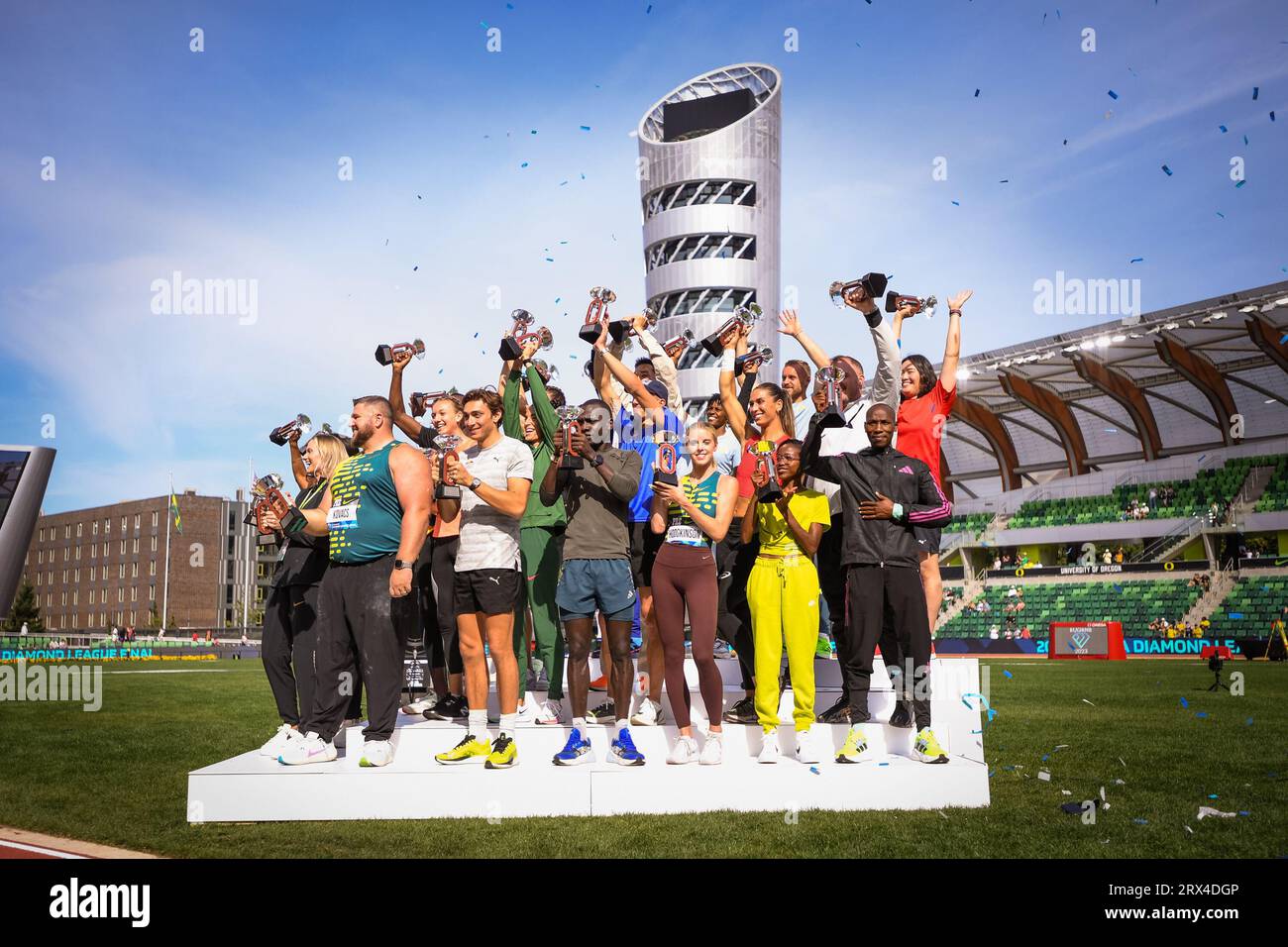 All winners stand on the podium at the trophy ceremony at the Diamond League Championships at The Pre-Classic on Sunday September 17, 2023, in Eugene, Stock Photo