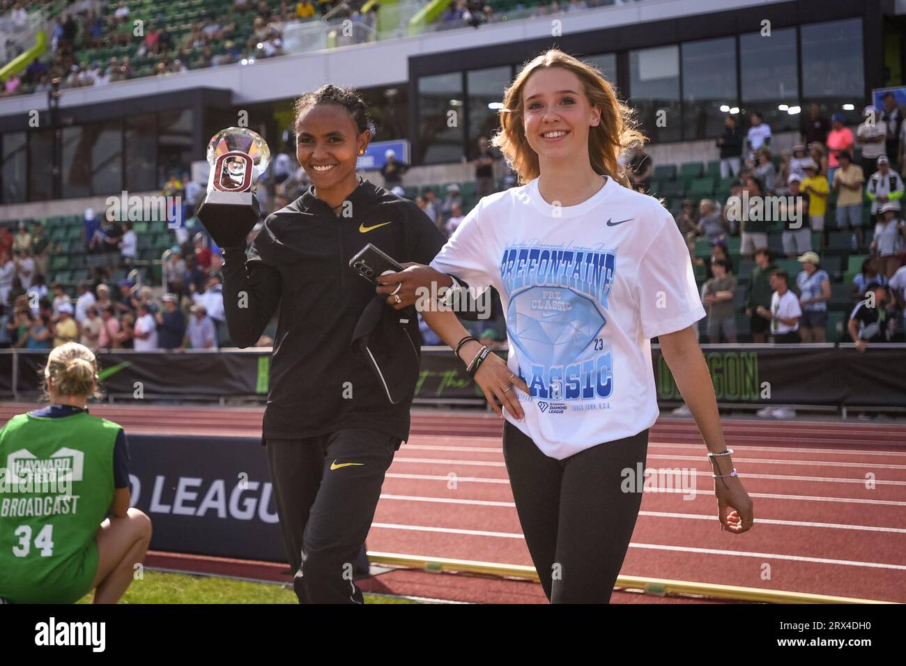 Gudaf Tsegay (ETH) walk out onto the field for the trophy ceremony at the Diamond League Championships at The Pre-Classic on Sunday September 17, 2023 Stock Photo