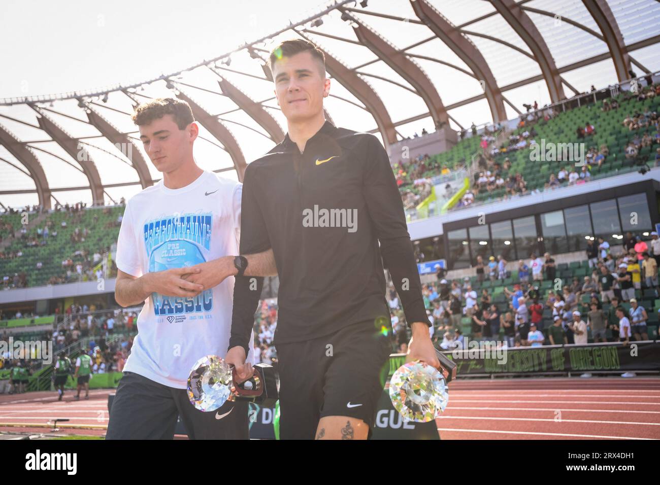 Jakob Ingebrigtsen (NOR) walk out onto the field for the trophy ceremony at the Diamond League Championships at The Pre-Classic on Sunday September 17 Stock Photo