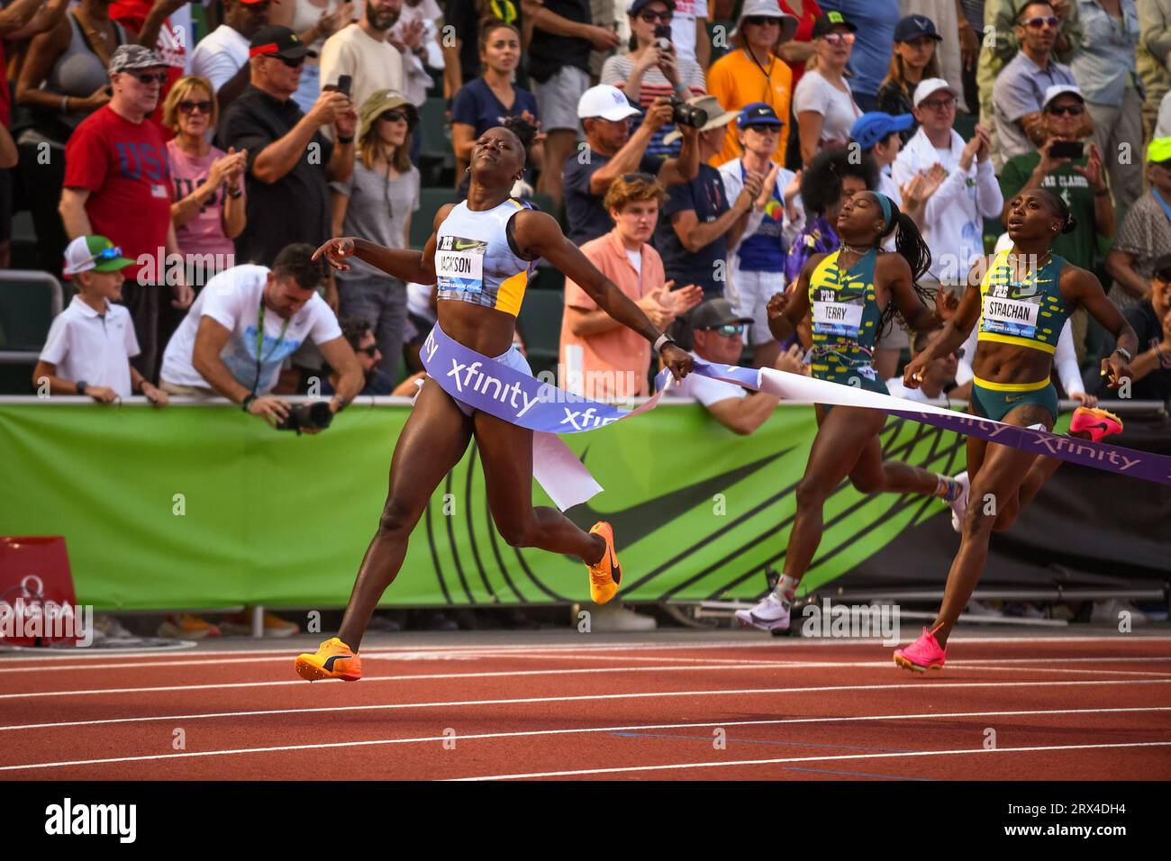 Shericka Jackson (JAM) wins the women’s 200m in 21.57 at the Diamond League Championships at The Pre-Classic on Sunday September 17, 2023, in Eugene, Stock Photo